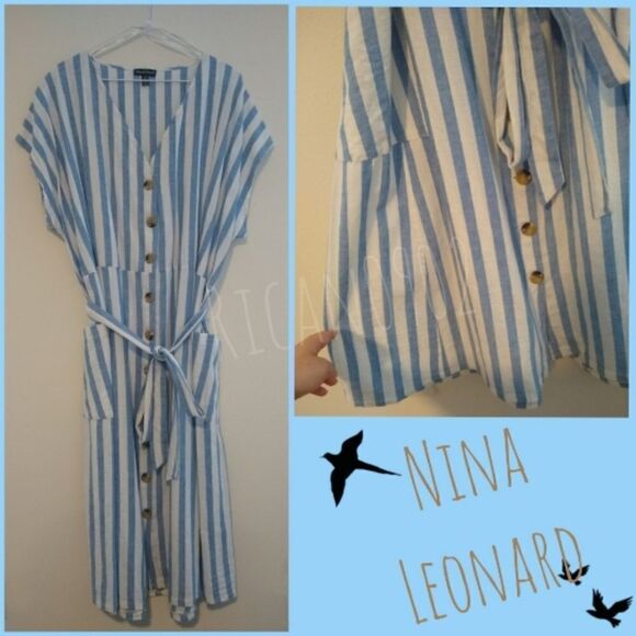 White and Blue Striped Nina Leonard Dress - Picture 1 of 1